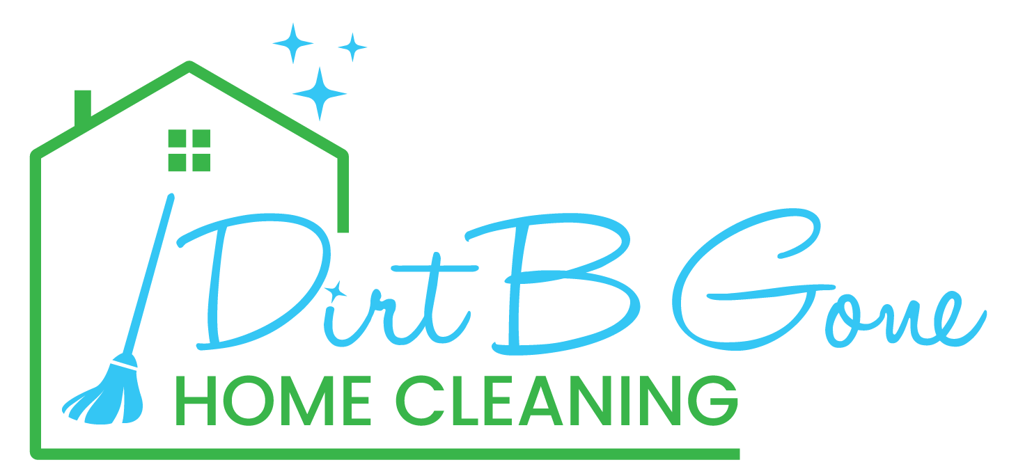 Dirt B Gone Home Cleaning logo with a house outline, blue broom, sparkles, and green and blue text.