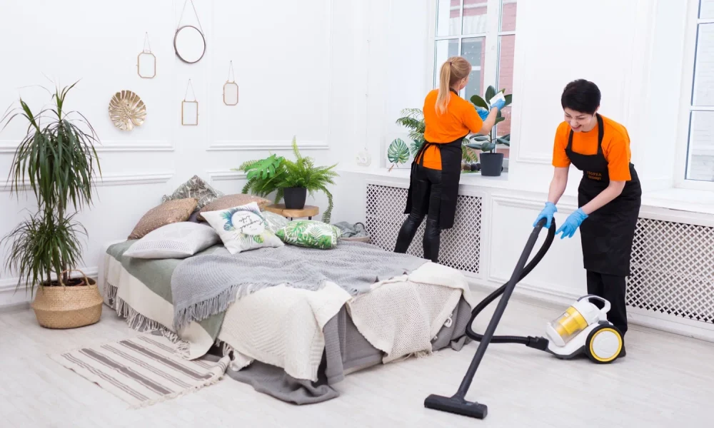 Two professional cleaners tidying a bright bedroom—one vacuuming the floor, the other cleaning the window area.